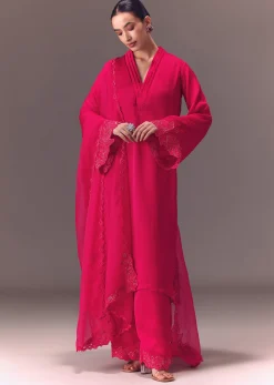 Ruby Pink Organza Kurta Set With Bell Sleeves