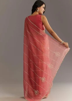 Rush Peach Crushed Tissue Saree With Scallop Embroidered Border