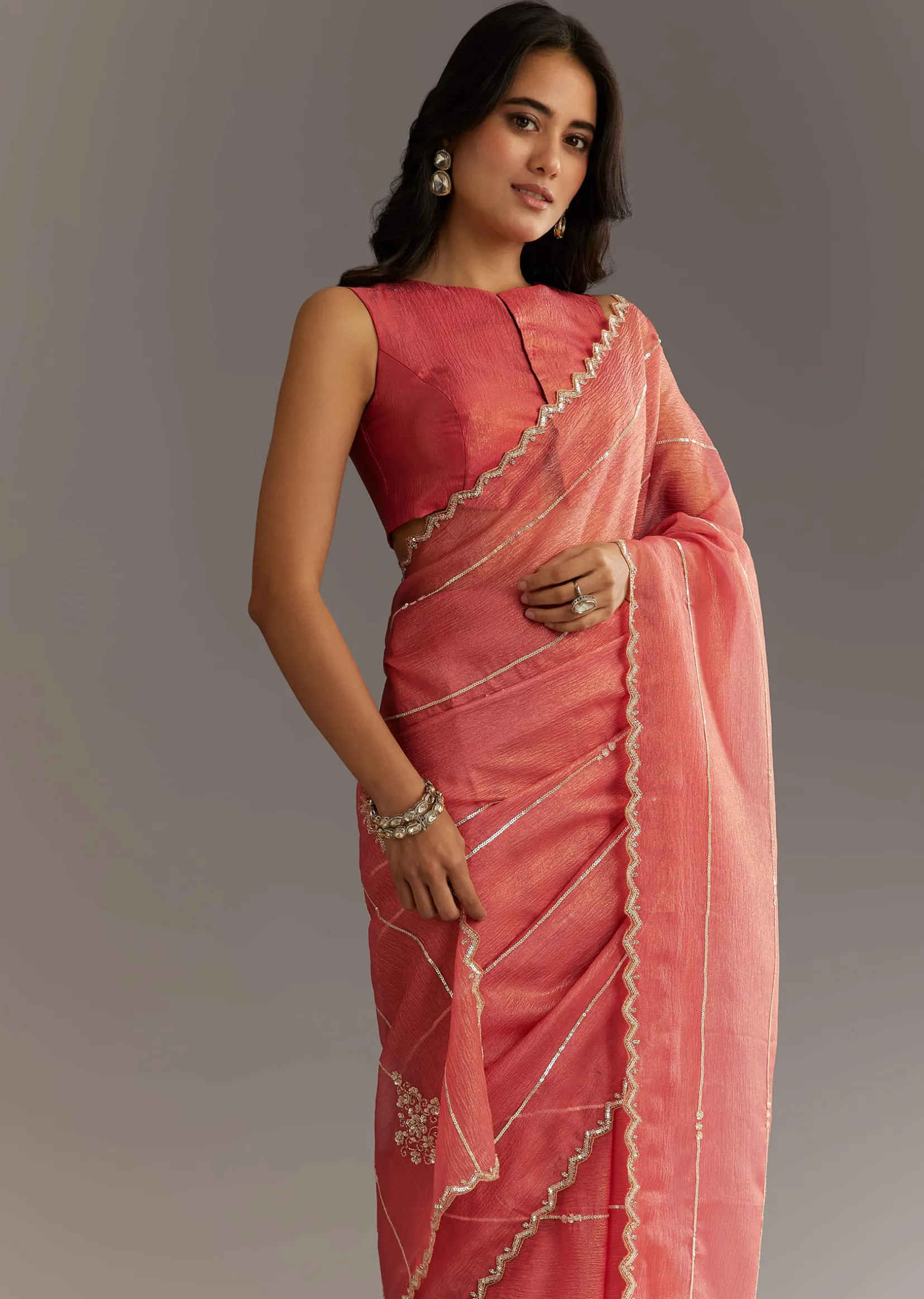 Rush Peach Crushed Tissue Saree With Scallop Embroidered Border
