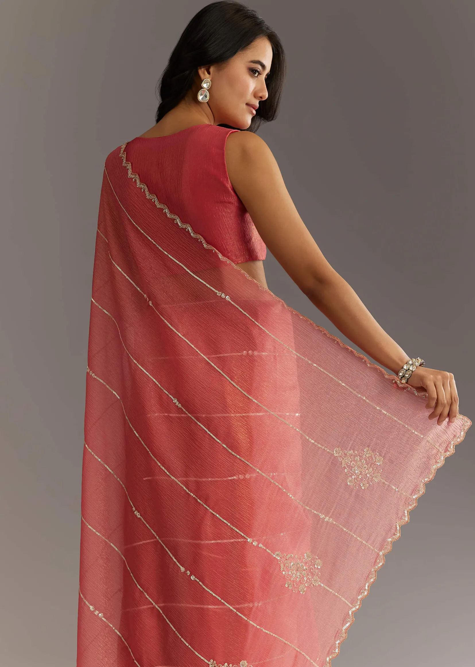 Rush Peach Crushed Tissue Saree With Scallop Embroidered Border
