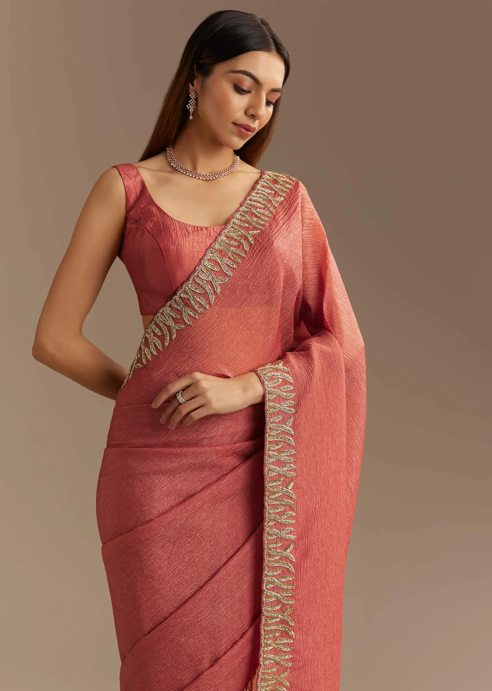 Rust Brown Crushed Tissue Saree With Scallop Border And Stone Embroidery