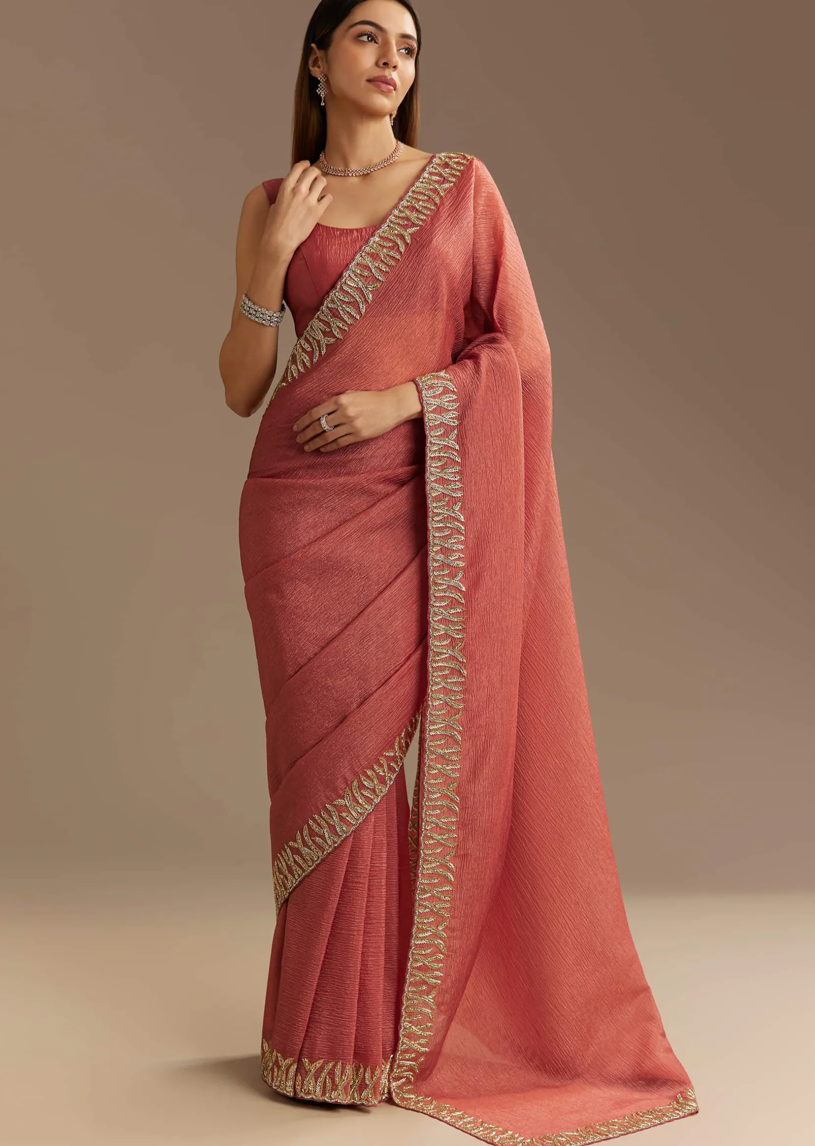 Rust Brown Crushed Tissue Saree With Scallop Border And Stone Embroidery