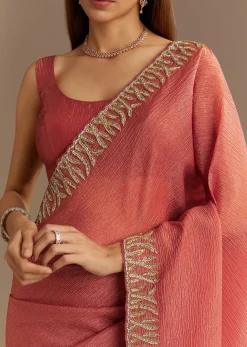 Rust Brown Crushed Tissue Saree With Scallop Border And Stone Embroidery