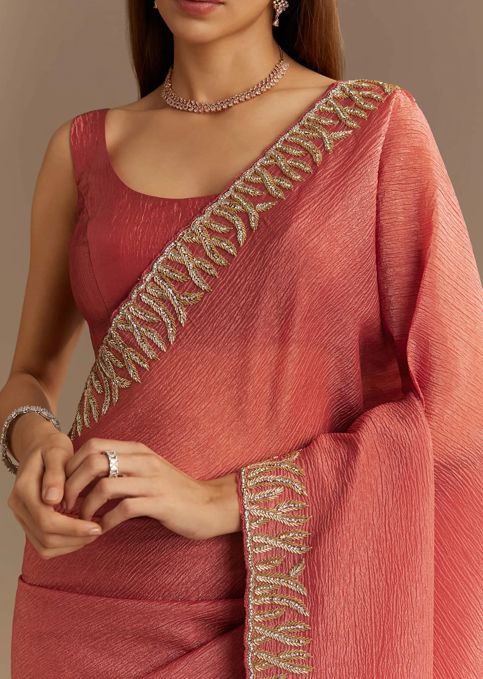 Rust Brown Crushed Tissue Saree With Scallop Border And Stone Embroidery