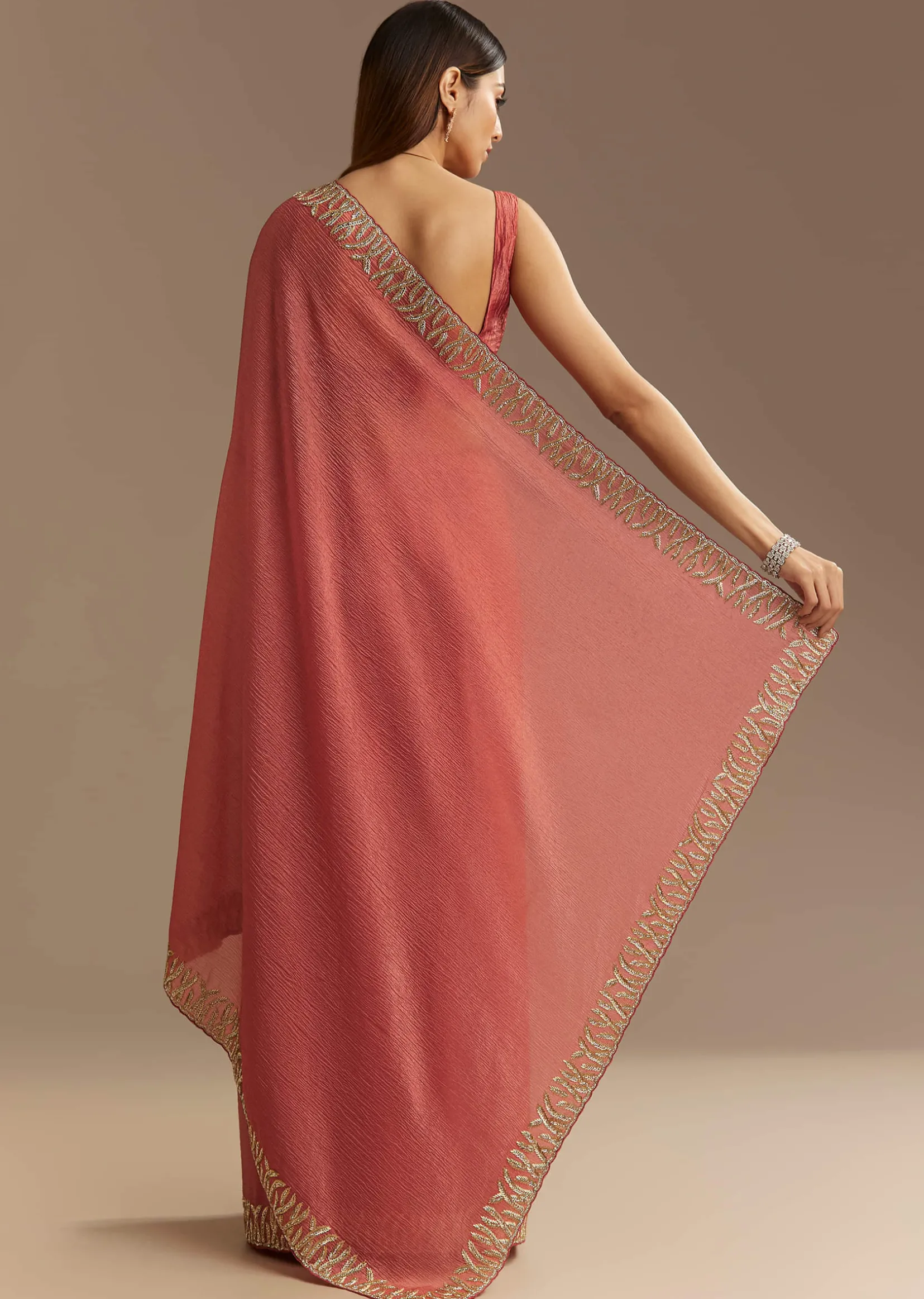 Rust Brown Crushed Tissue Saree With Scallop Border And Stone Embroidery