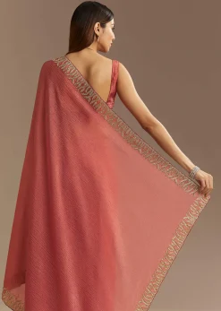 Rust Brown Crushed Tissue Saree With Scallop Border And Stone Embroidery