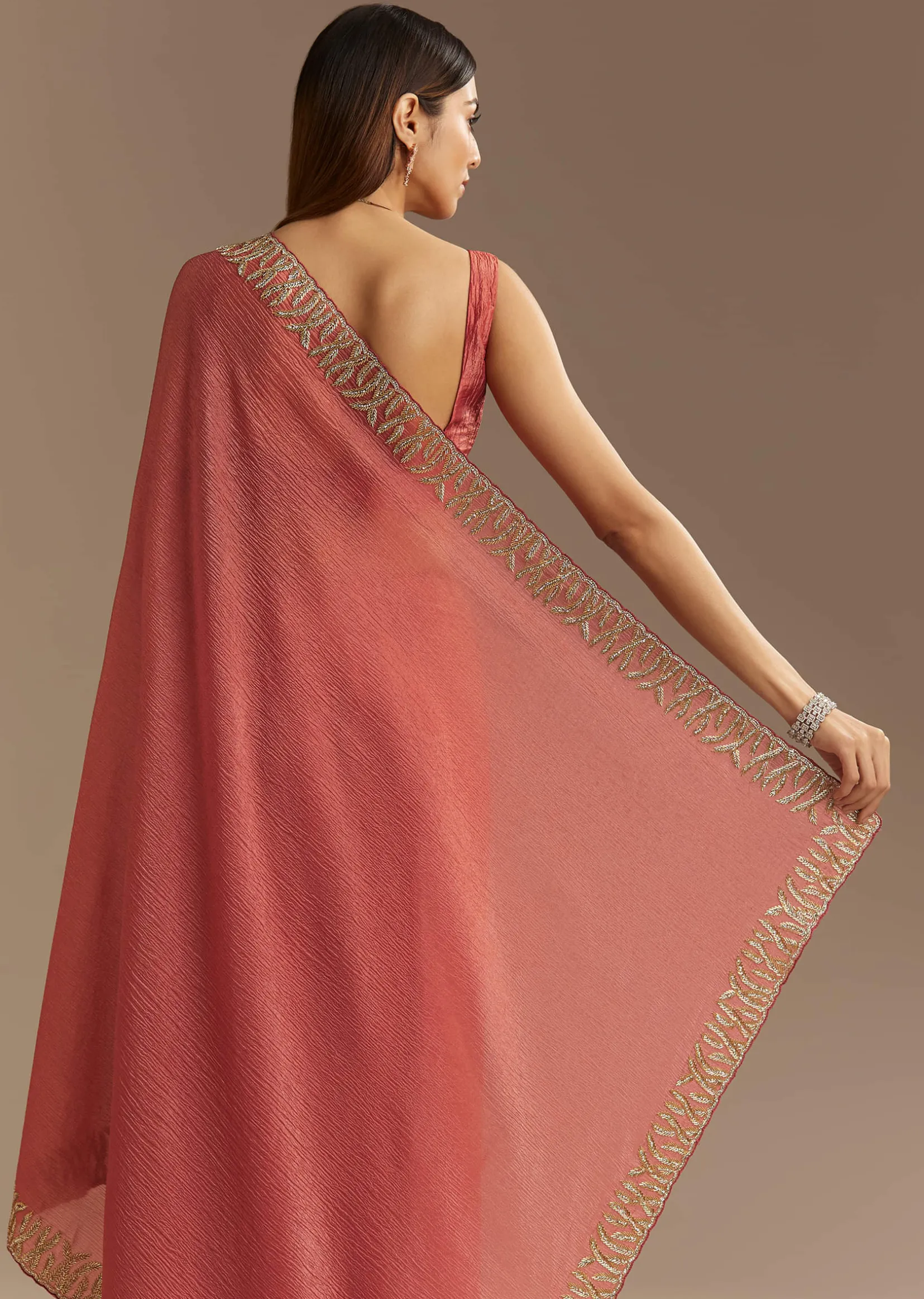 Rust Brown Crushed Tissue Saree With Scallop Border And Stone Embroidery