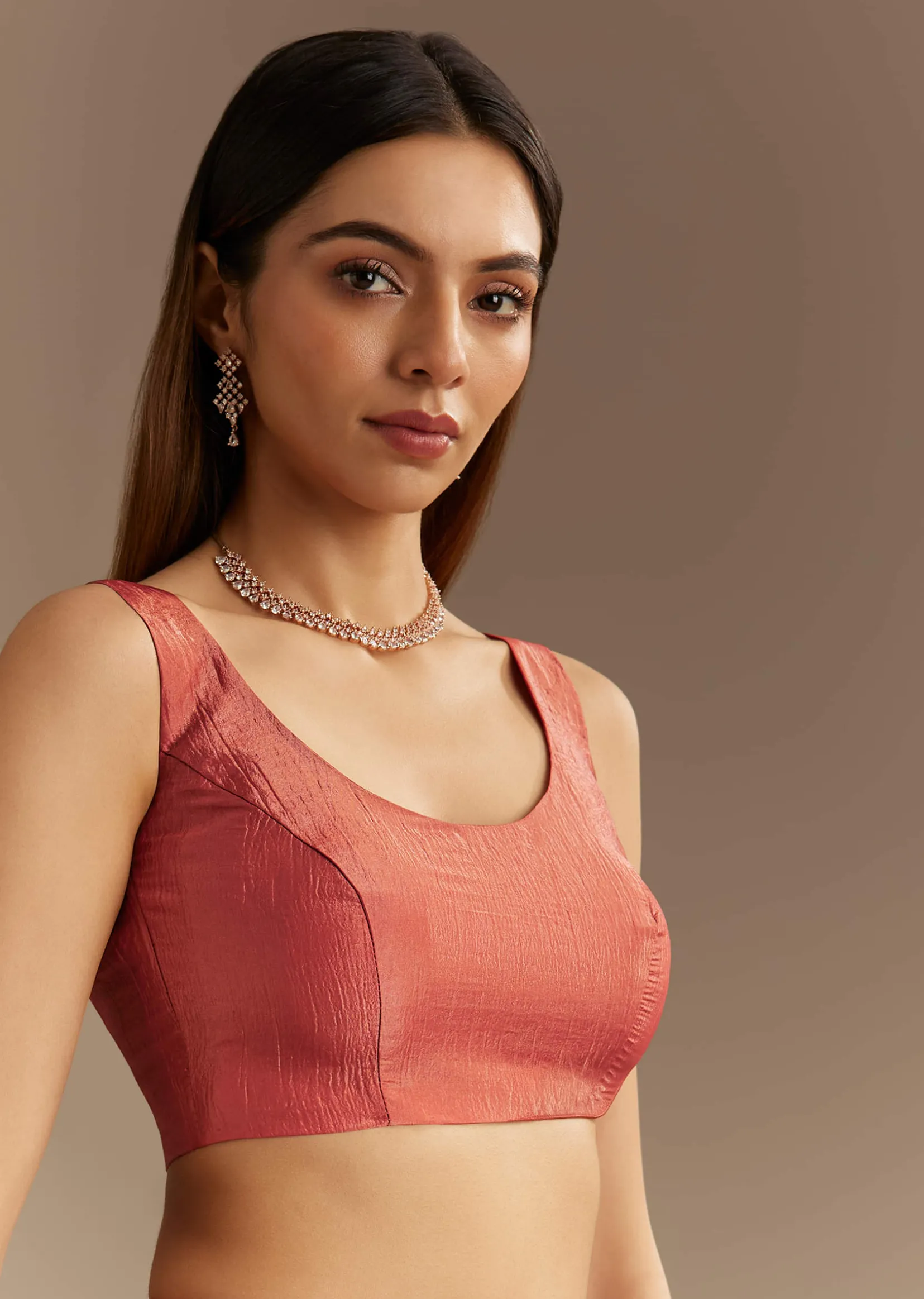 Rust Brown Crushed Tissue Saree With Scallop Border And Stone Embroidery