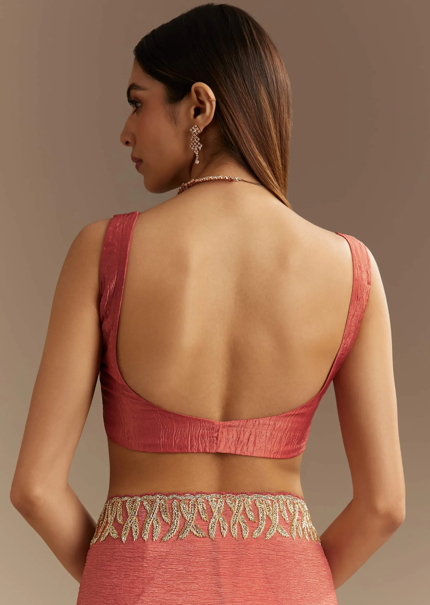 Rust Brown Crushed Tissue Saree With Scallop Border And Stone Embroidery