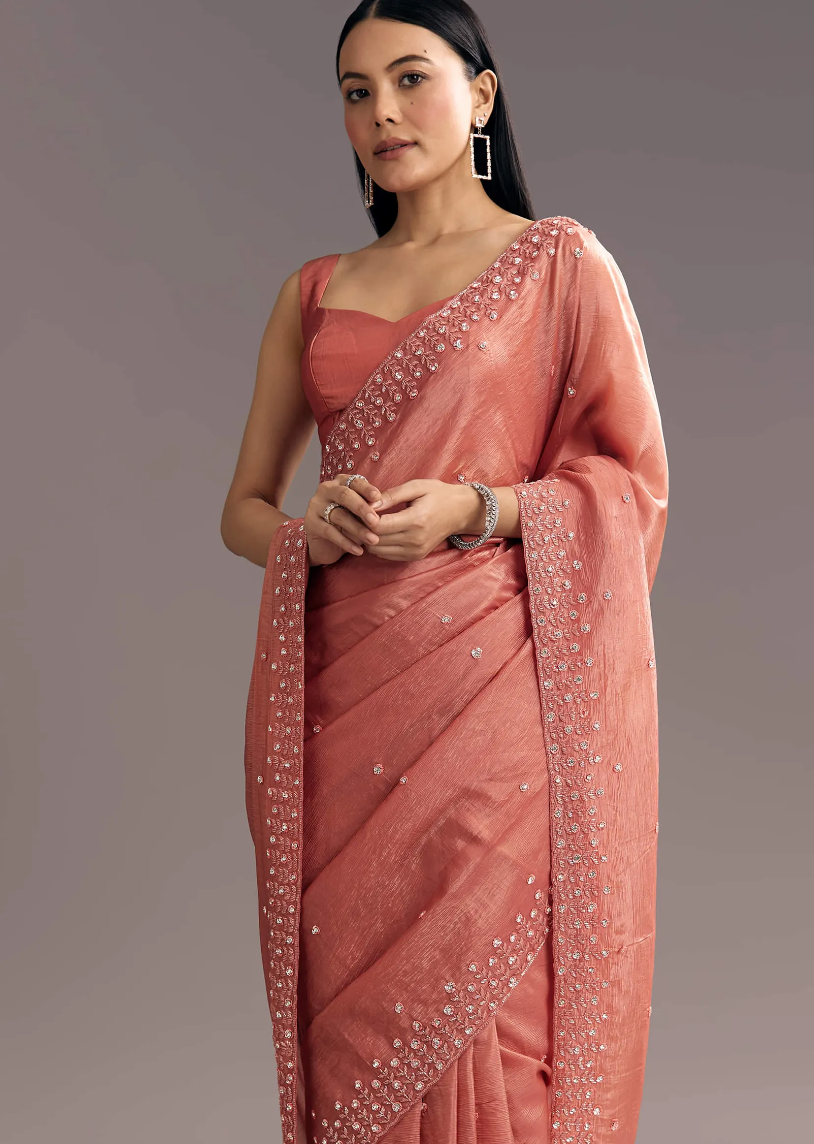 Rust Brown Crushed Tissue Cutdana And Sequin Embroidered Saree