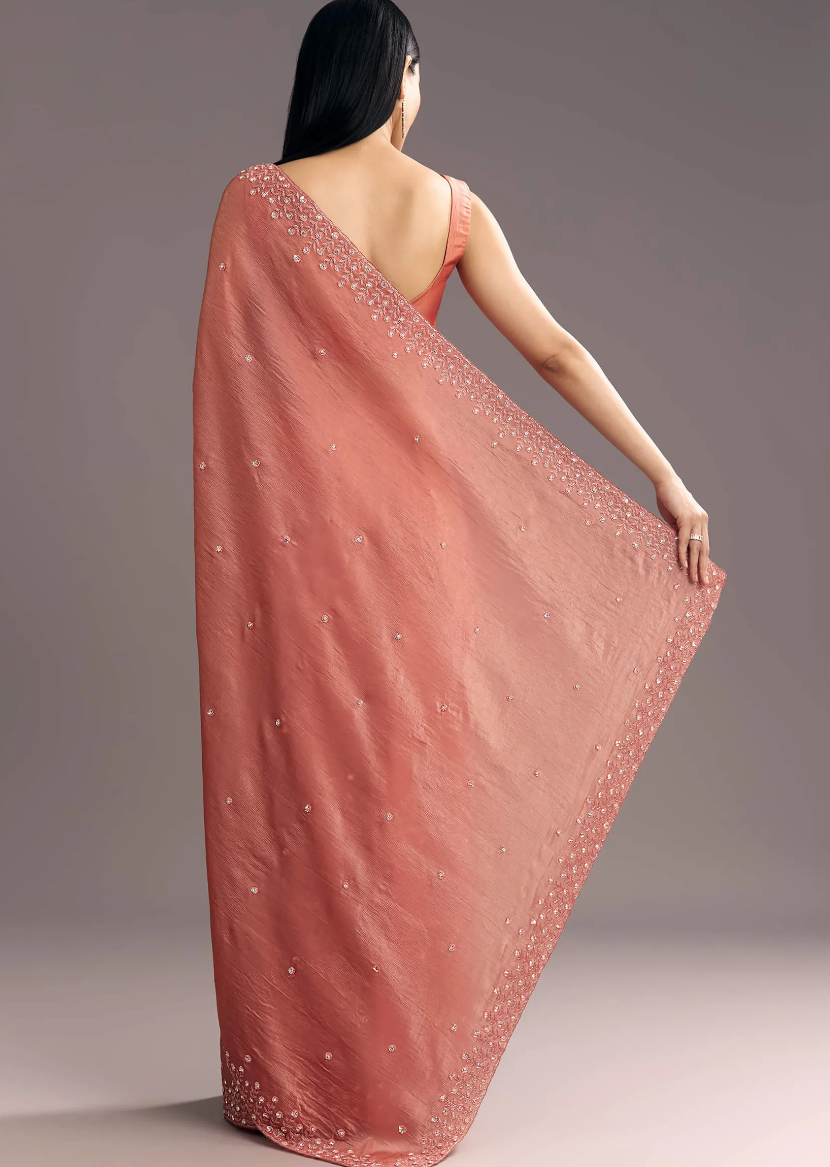 Rust Brown Crushed Tissue Cutdana And Sequin Embroidered Saree
