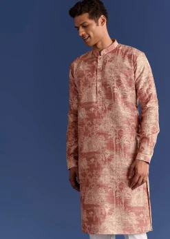 Rust Cotton Silk Kurta Jacket Set With Coastal Print