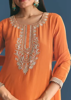 Rust Crepe Kurta Sharara Suit With Zardosi And Sequins Dupatta