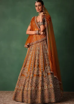 Rust Embroidered Bridal Lehenga With Deep Neckline Blouse And Dupatta