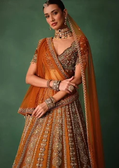 Rust Embroidered Bridal Lehenga With Deep Neckline Blouse And Dupatta