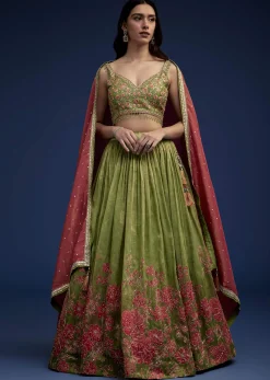 Rust Green Embroidered Lehenga Choli Set With Dupatta