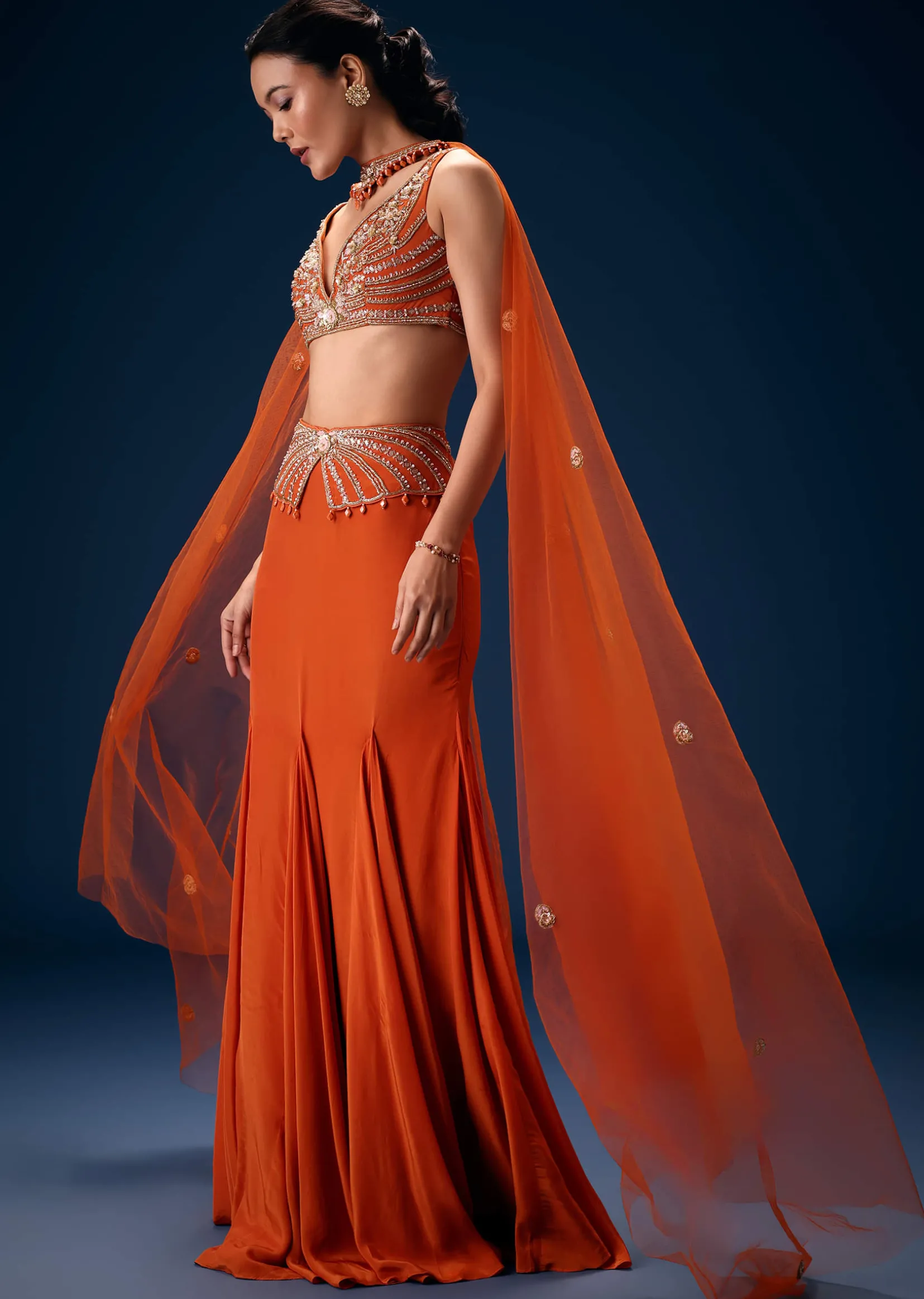 Rust Mermaid Symmetric Belt Skirt With Blouse And Choker