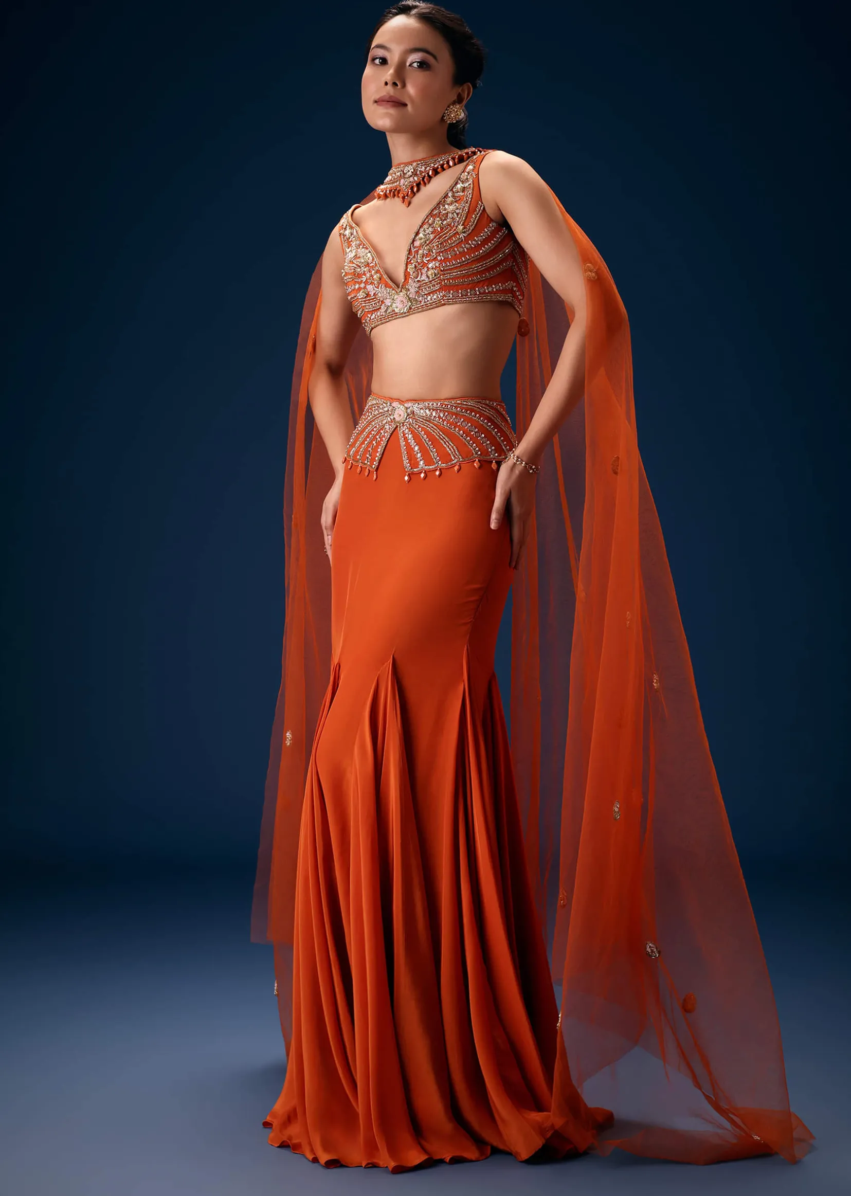 Rust Mermaid Symmetric Belt Skirt With Blouse And Choker