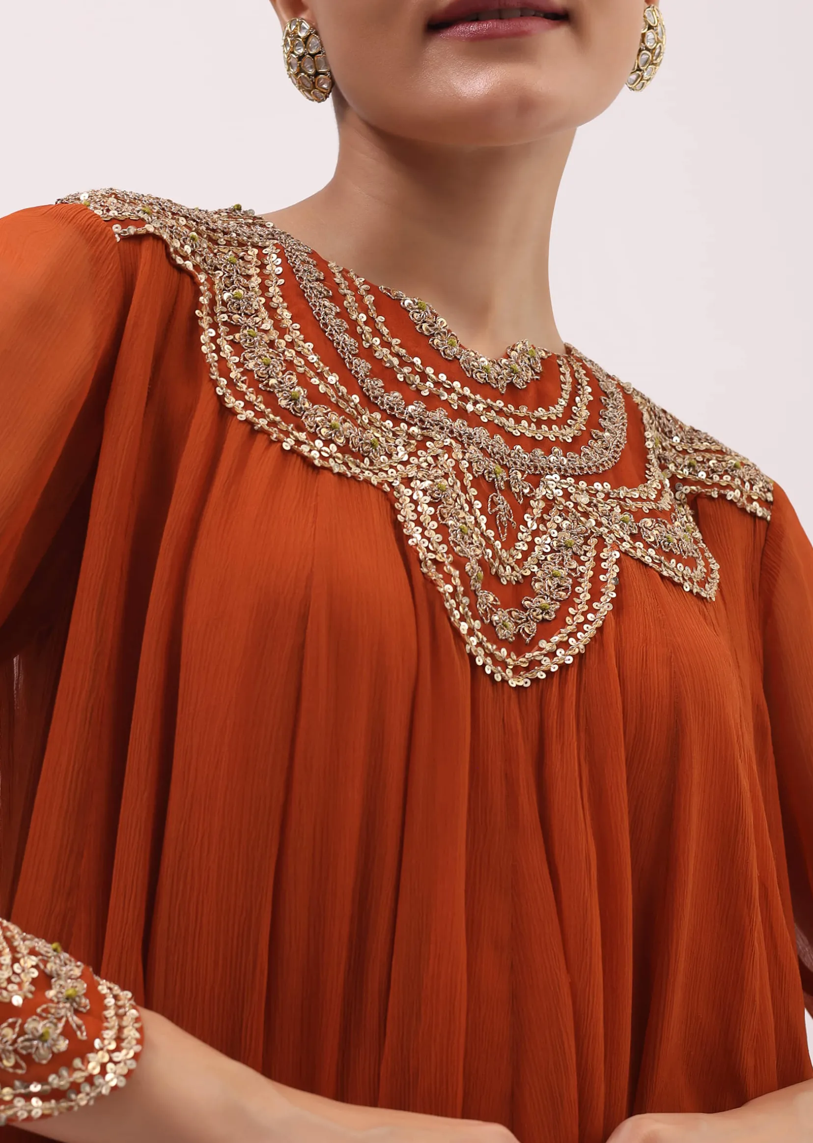 Rust Orange Embroidered Chiffon Kurta Palazzo