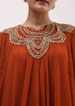 Rust Orange Embroidered Chiffon Kurta Palazzo