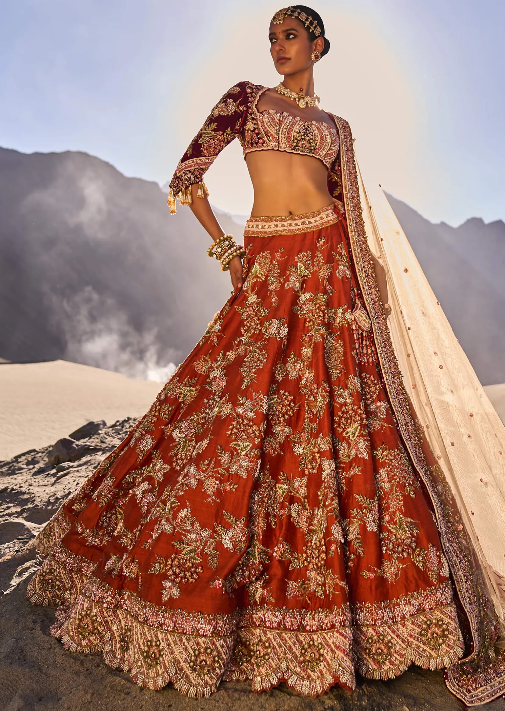 Rust Orange Embroidered Lehenga Set With Two Bordered Dupattas