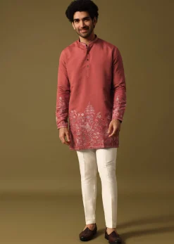 Rust Orange Kurta Set In Resham Work For Men