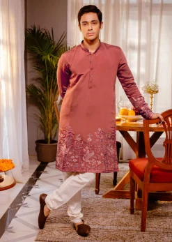 Rust Orange Kurta Set In Resham Work For Men