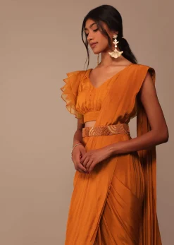 Rust Orange Pre Drape Saree With Fancy Ruffle Blouse And Embroidered Belt