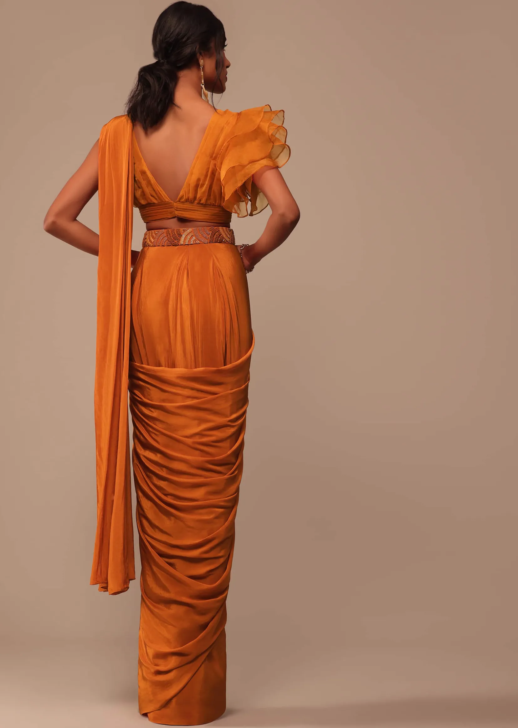 Rust Orange Pre Drape Saree With Fancy Ruffle Blouse And Embroidered Belt