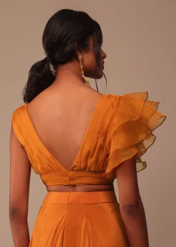 Rust Orange Pre Drape Saree With Fancy Ruffle Blouse And Embroidered Belt