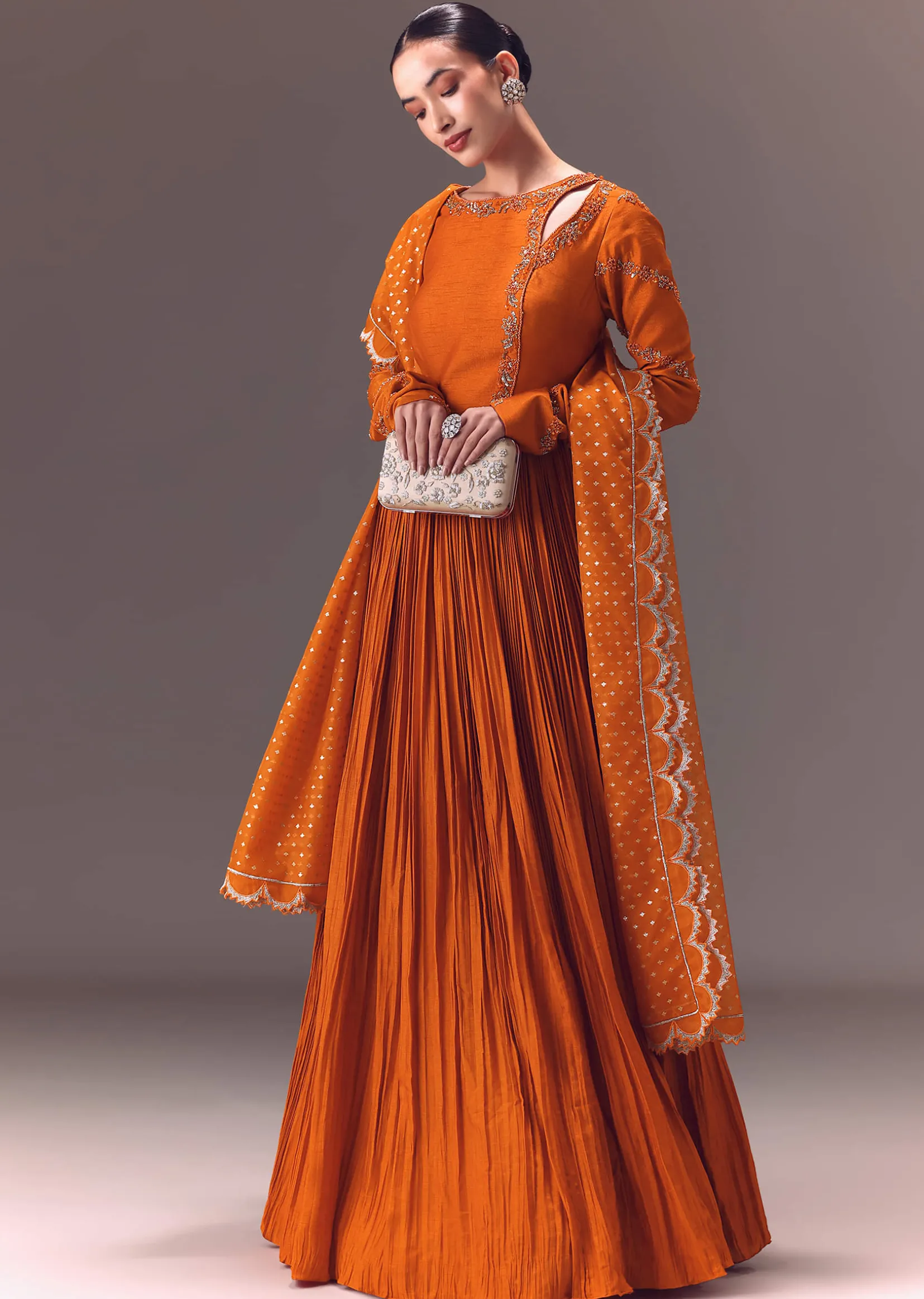 Rust Orange Ruched Embroidered Anarkali With Dupatta