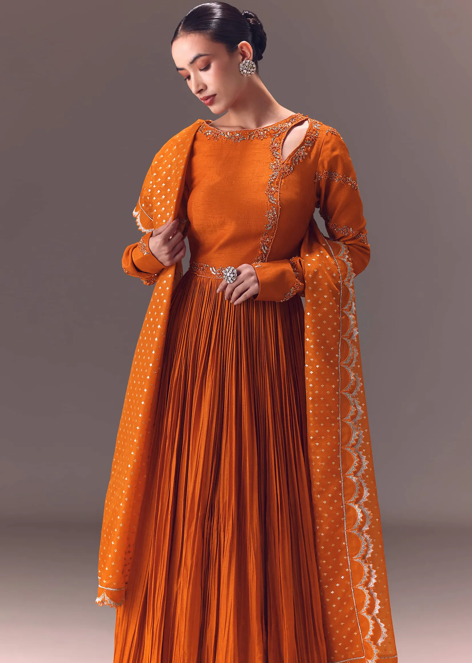 Rust Orange Ruched Embroidered Anarkali With Dupatta