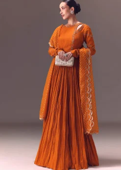 Rust Orange Ruched Embroidered Anarkali With Dupatta