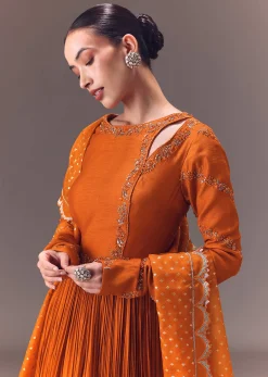 Rust Orange Ruched Embroidered Anarkali With Dupatta