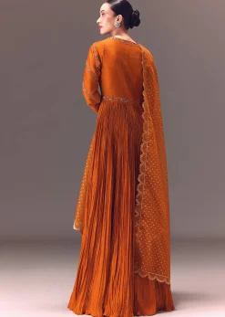 Rust Orange Ruched Embroidered Anarkali With Dupatta