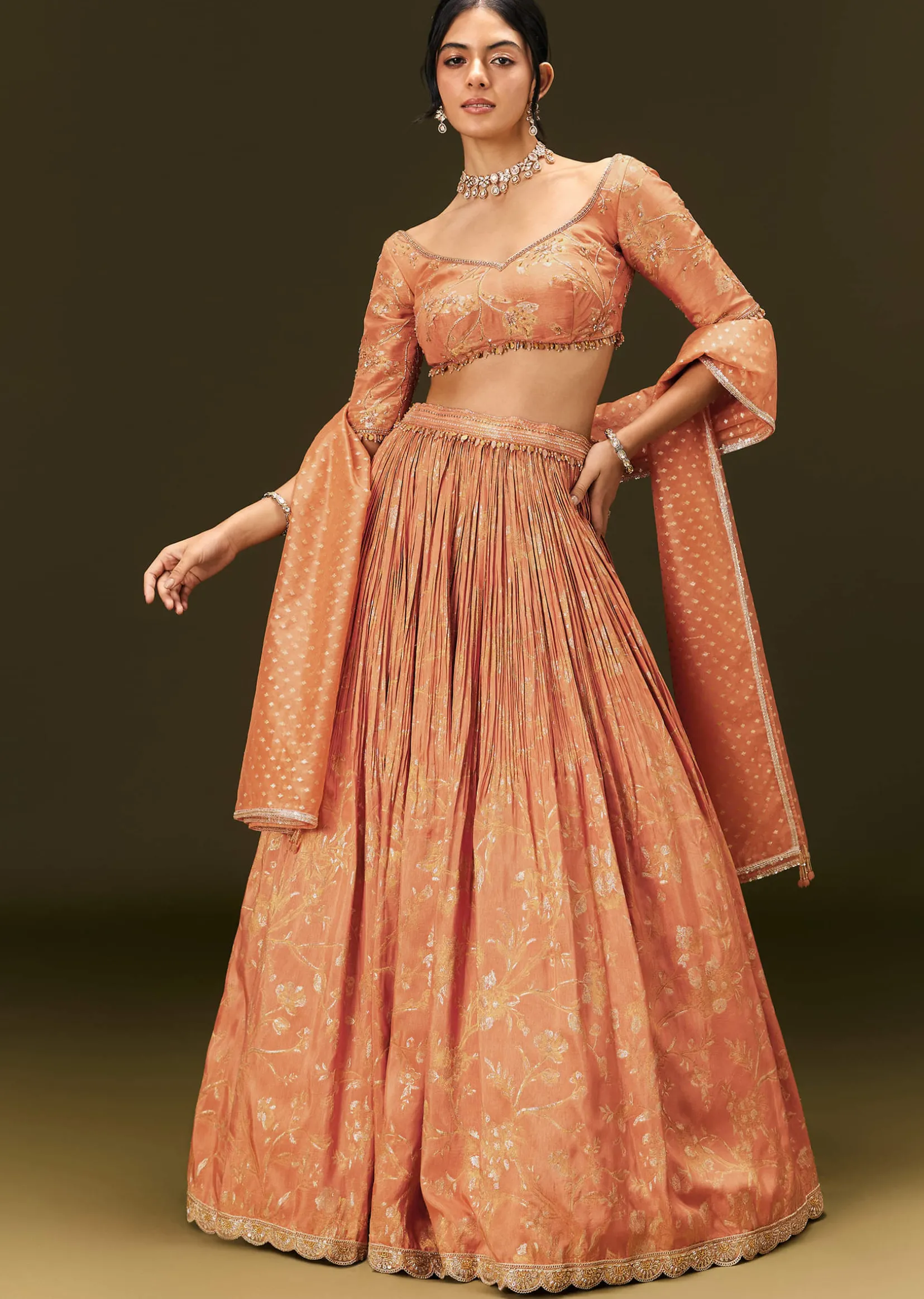 Rust Orange Tassel Embroidered Blouse With Lehenga And Dupatta