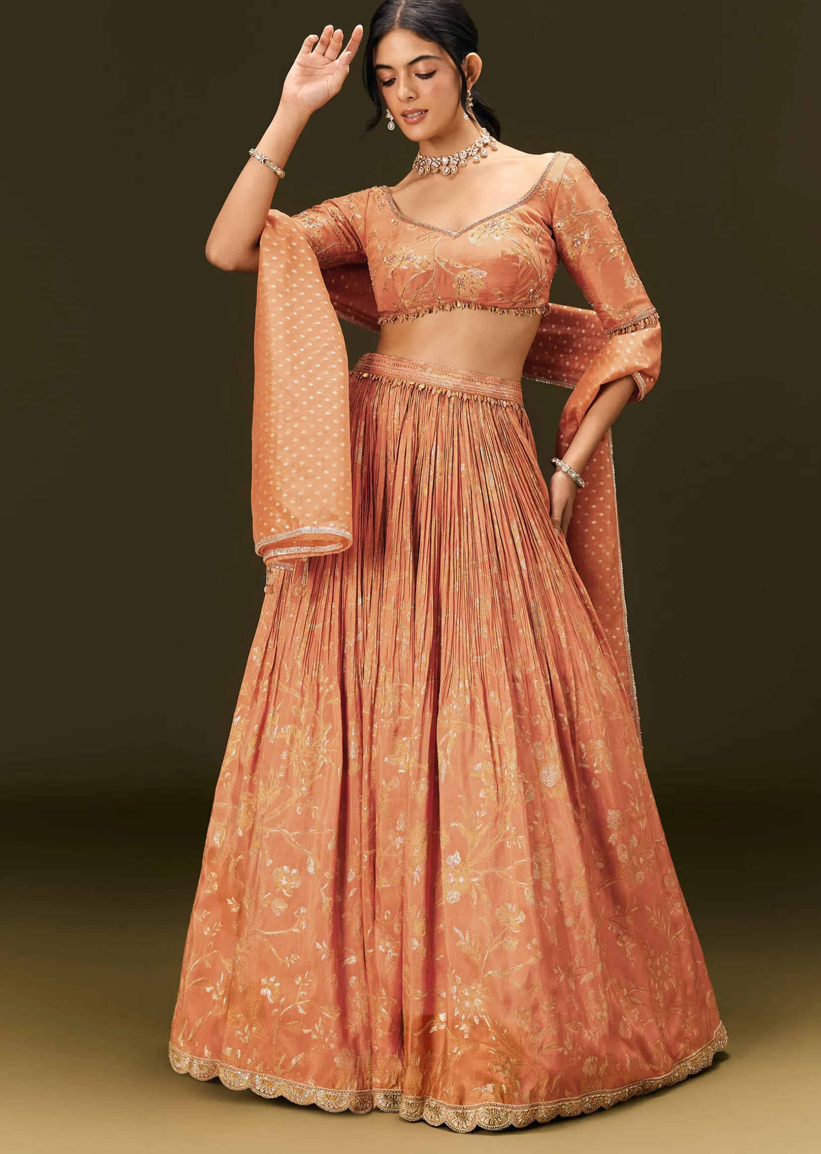 Rust Orange Tassel Embroidered Blouse With Lehenga And Dupatta