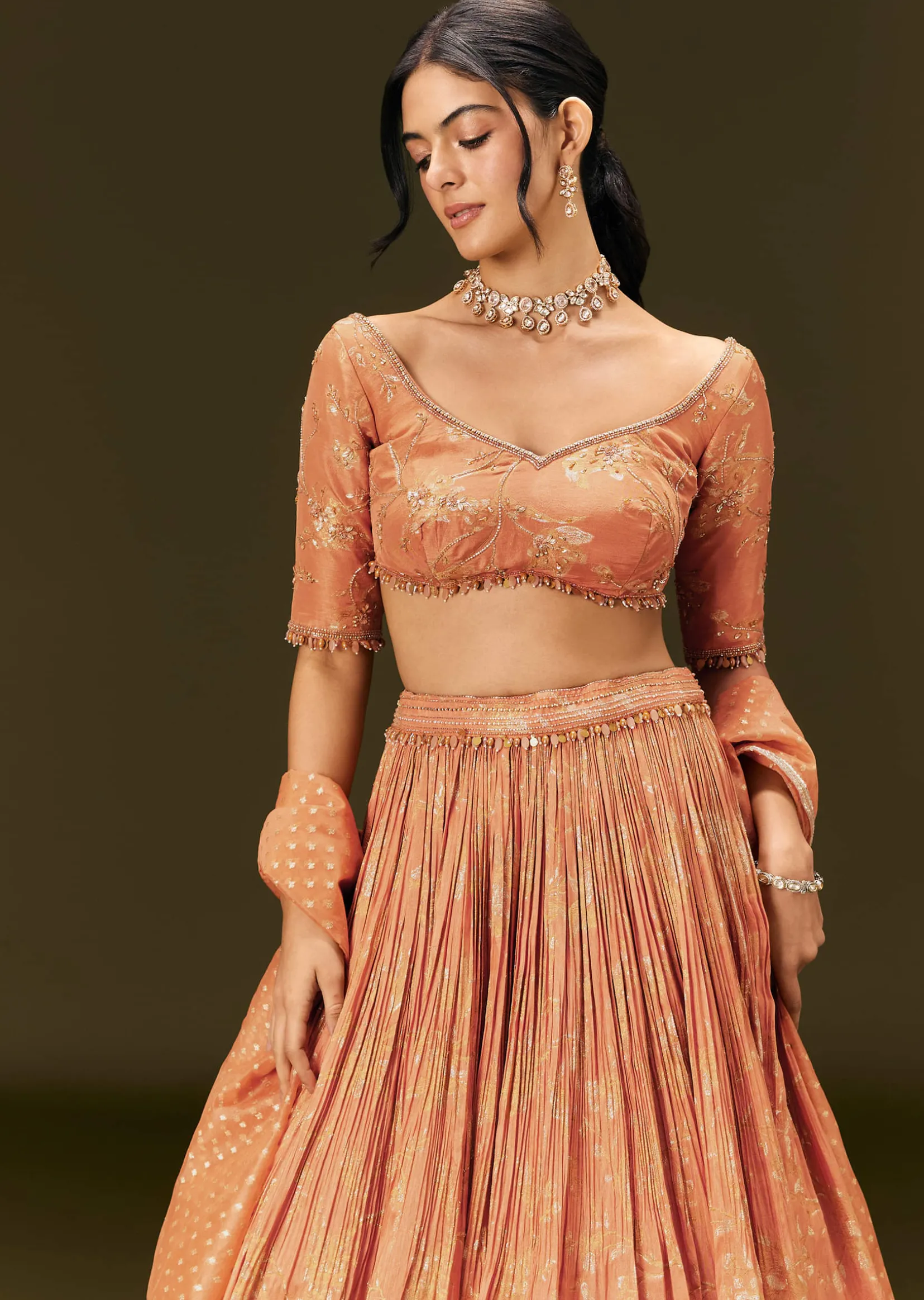 Rust Orange Tassel Embroidered Blouse With Lehenga And Dupatta
