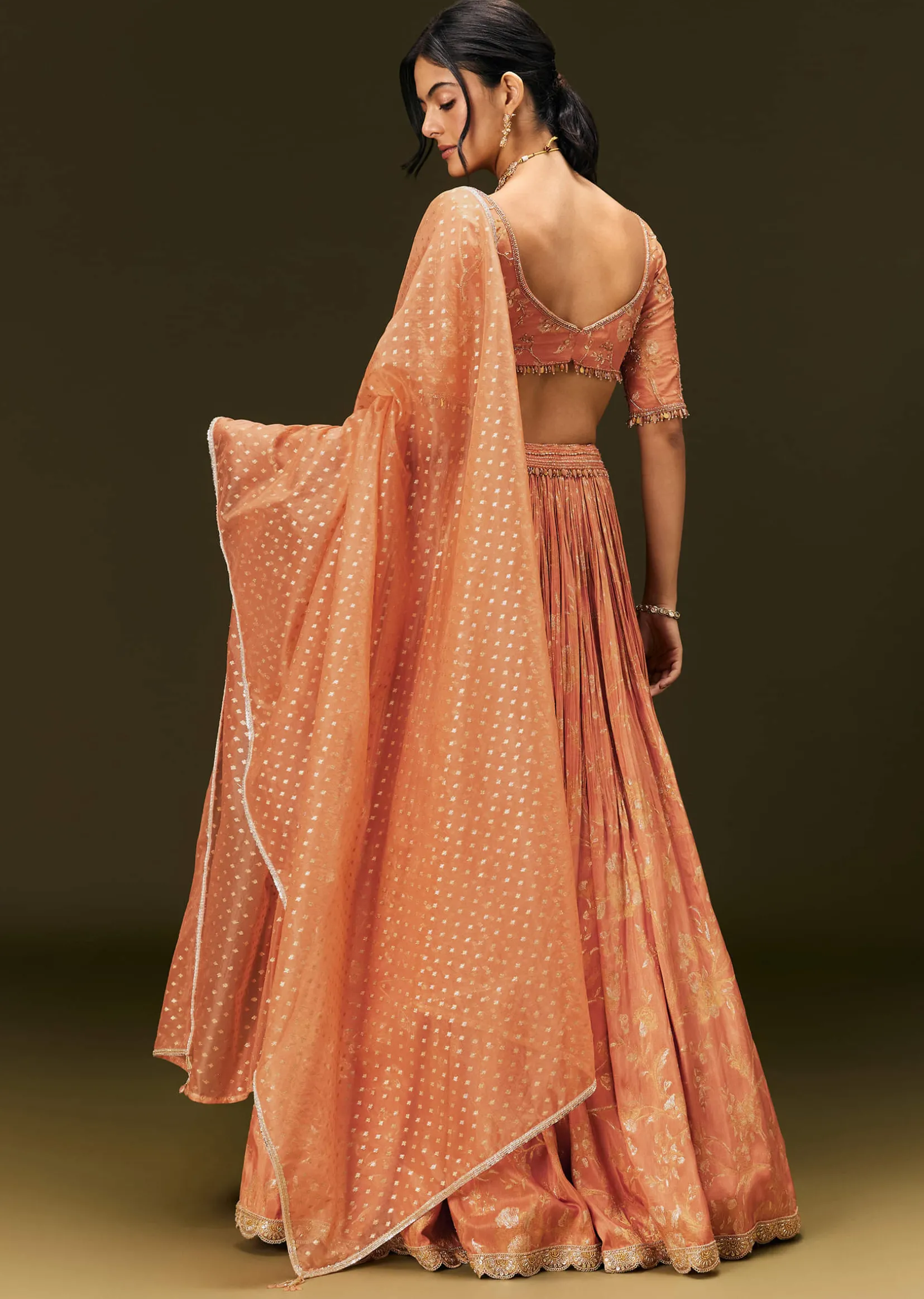 Rust Orange Tassel Embroidered Blouse With Lehenga And Dupatta