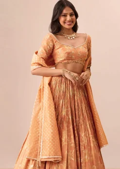 Rust Orange Tassel Embroidered Blouse With Lehenga And Dupatta