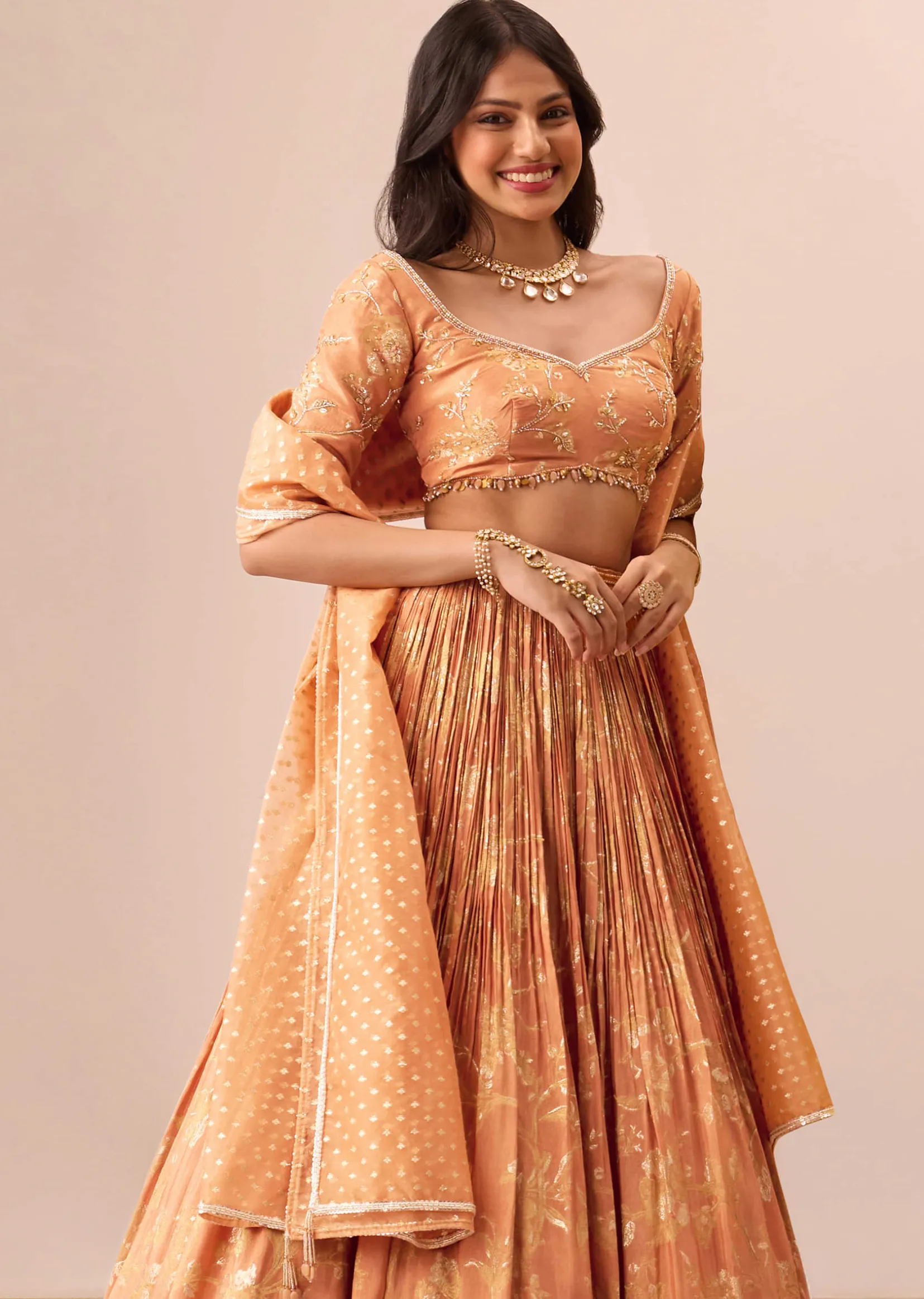 Rust Orange Tassel Embroidered Blouse With Lehenga And Dupatta