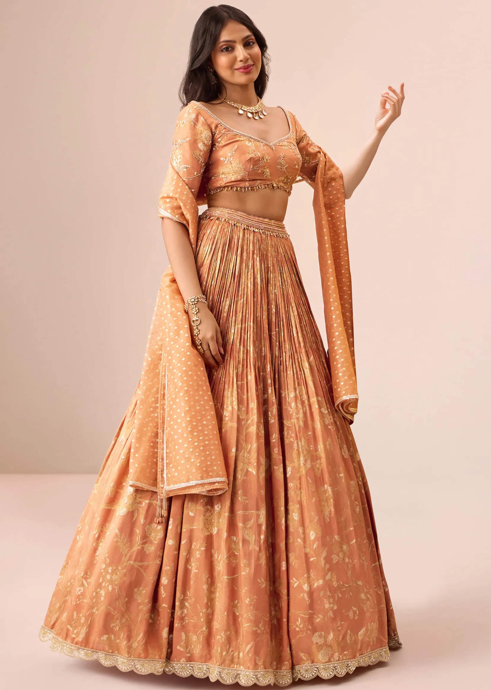 Rust Orange Tassel Embroidered Blouse With Lehenga And Dupatta