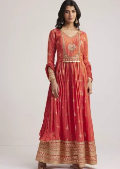 Rust Orange Tissue Anarkali Set With Gotta Work