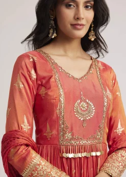 Rust Orange Tissue Anarkali Set With Gotta Work