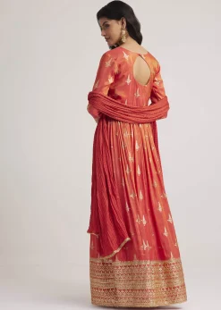 Rust Orange Tissue Anarkali Set With Gotta Work