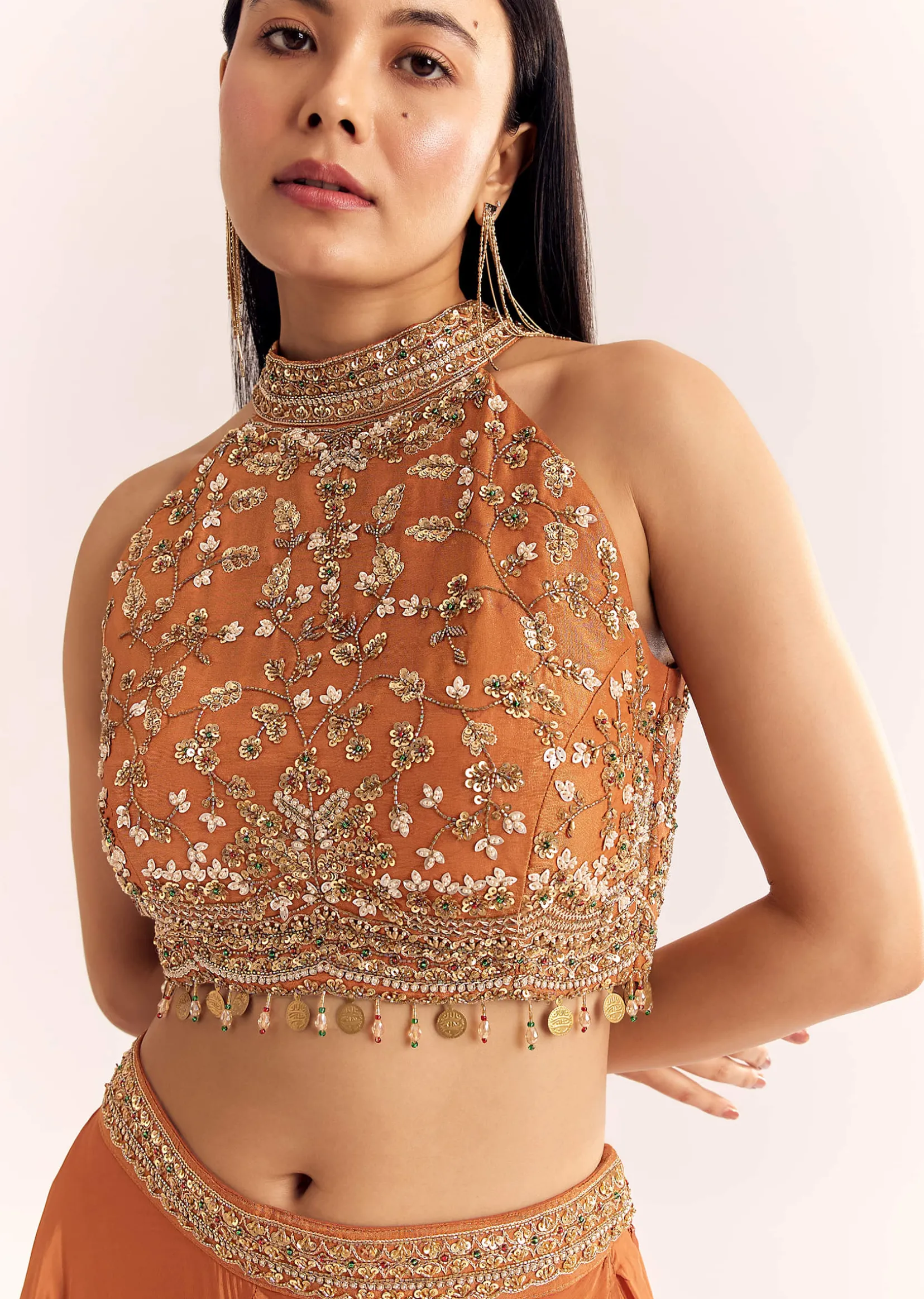 Rust Orange Tissue Embroidered Croptop With Palazzo