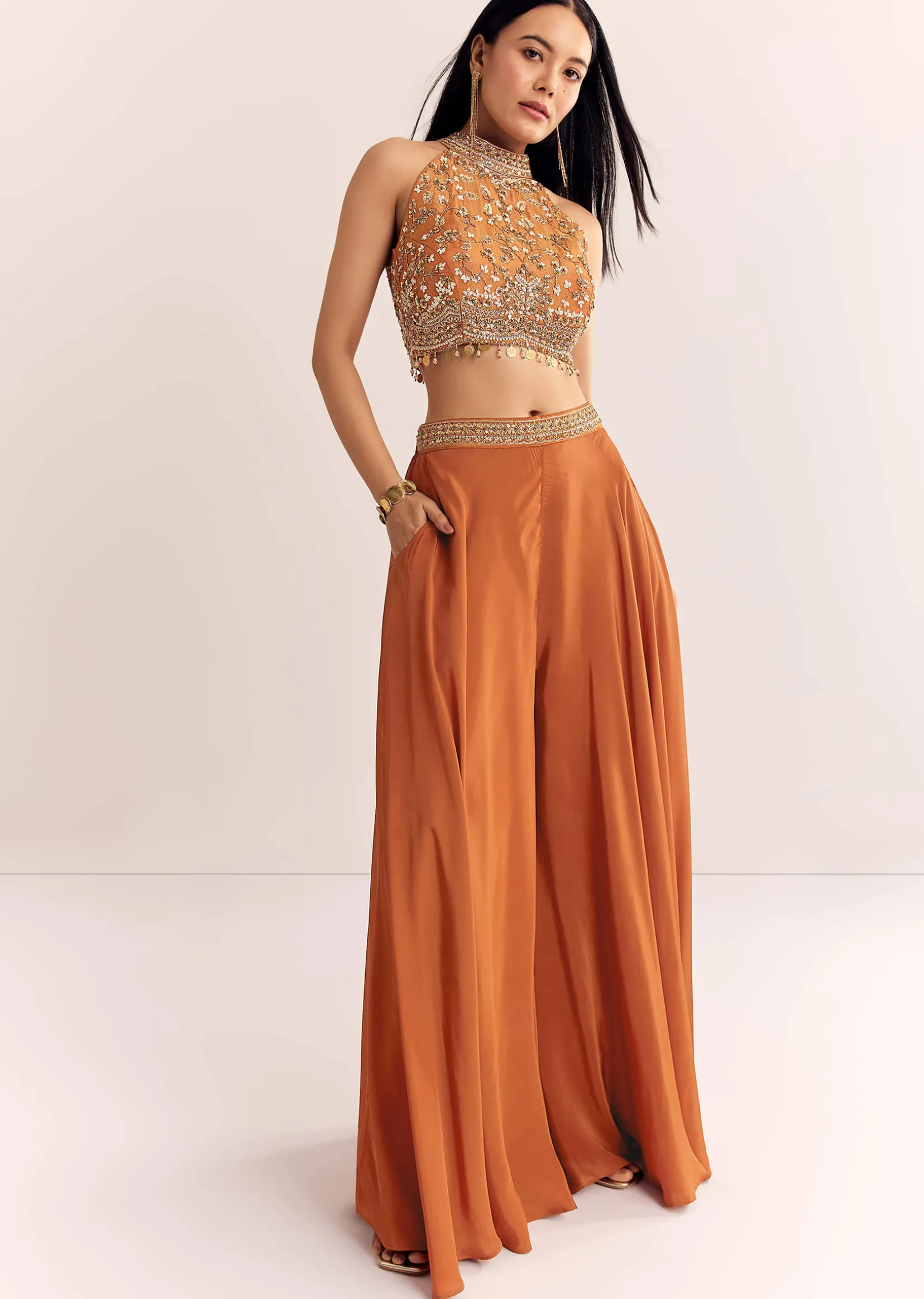 Rust Orange Tissue Embroidered Croptop With Palazzo