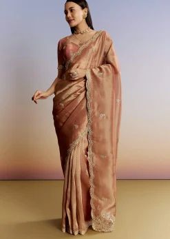 Rust Orange Tissue Saree With Zardosi Beads And Sequins Embroidery