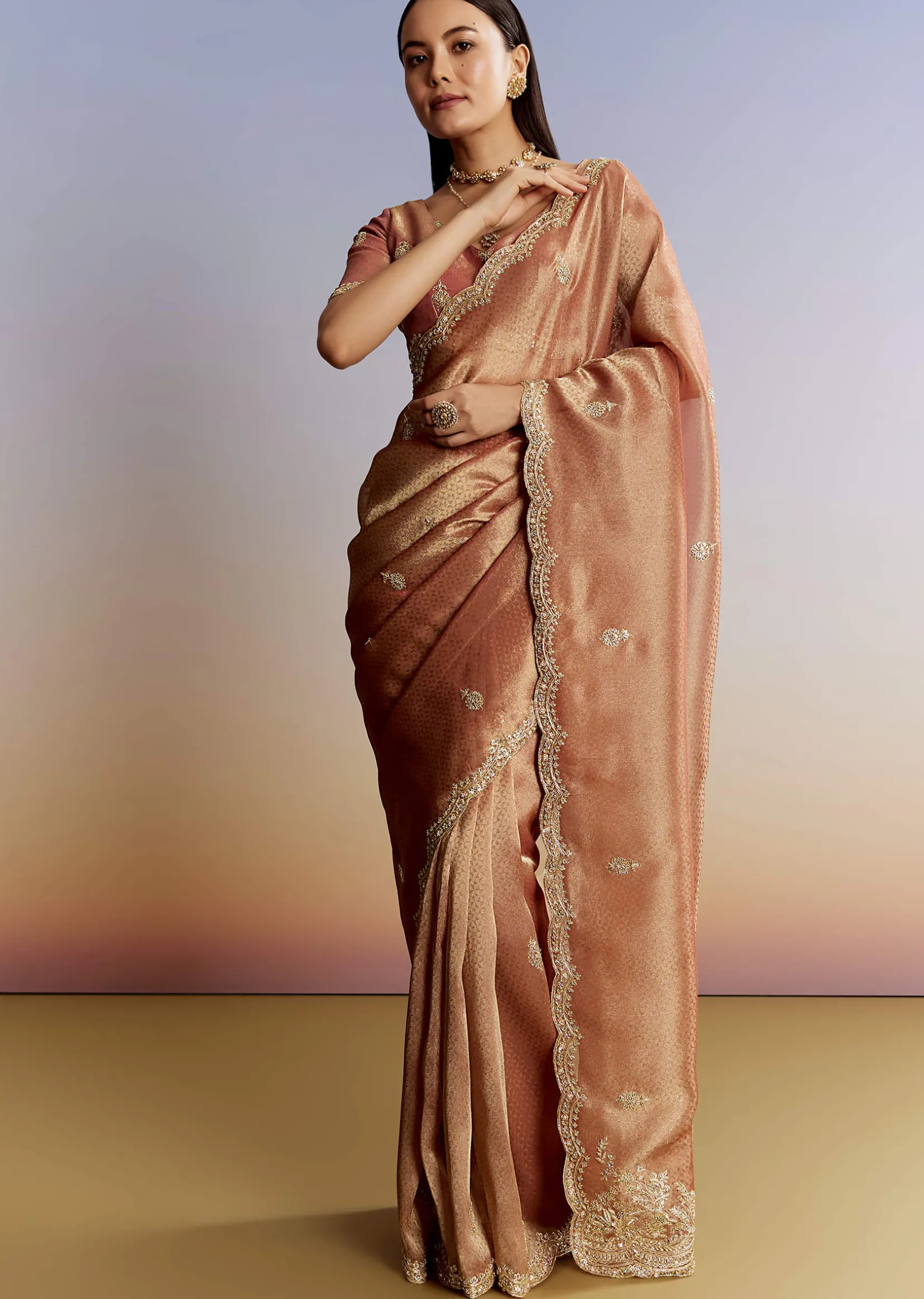 Rust Orange Tissue Saree With Zardosi Beads And Sequins Embroidery