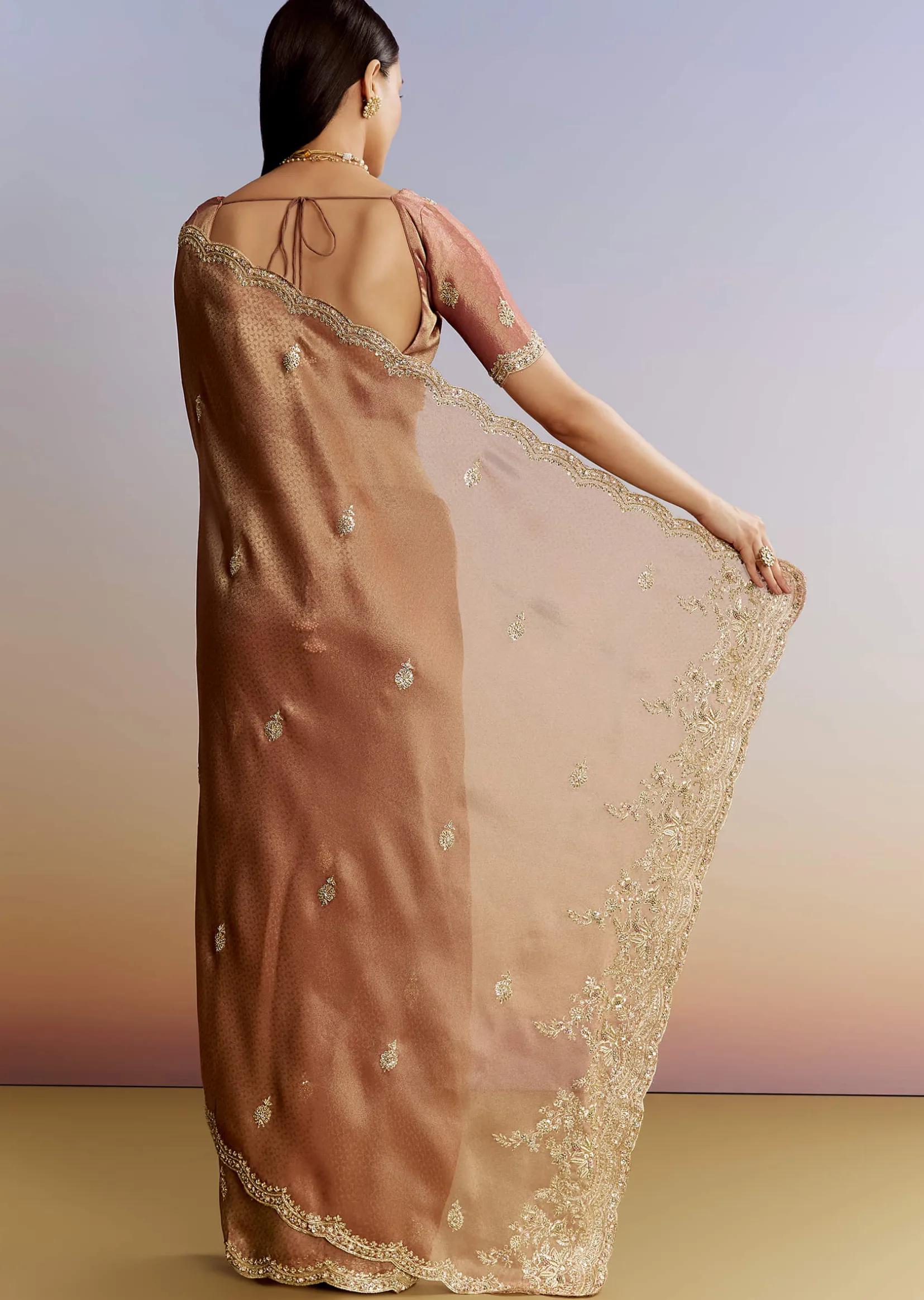 Rust Orange Tissue Saree With Zardosi Beads And Sequins Embroidery